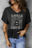 Black NASHVILLE MUSIC CITY Graphic Fringed T-shirt