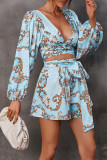Printed V Neck Bubble Sleeves Hollow Out Waist Romper