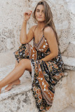 Black Retro Boho Floral Tassel Tie Maxi Dress