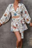 Printed V Neck Bubble Sleeves Hollow Out Waist Romper