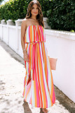 Stripe Overlay Strapless Maxi Dress with Slits