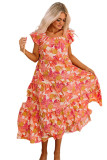 Multicolor Floral Print Ruffle Sleeve Tiered Long Dress