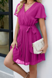Plain V Neck Flare Sleeves Pleated Dress