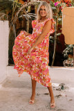 Multicolor Floral Print Ruffle Sleeve Tiered Long Dress