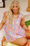 Purple Plus Size Floral Square Neck Sleeveless Knot Tank Top