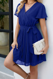 Plain V Neck Flare Sleeves Pleated Dress