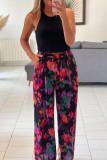 Black Abstract Print Drawstring Waist Wide Leg Pants
