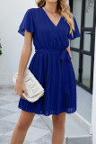 Plain V Neck Flare Sleeves Pleated Dress
