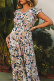 Purple Layered Ruffle Sleeves Long Floral Dress
