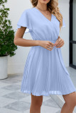 Plain V Neck Flare Sleeves Pleated Dress