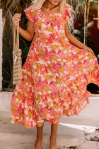 Multicolor Floral Print Ruffle Sleeve Tiered Long Dress