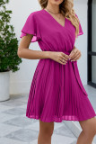 Plain V Neck Flare Sleeves Pleated Dress
