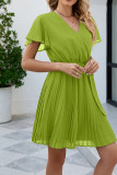 Plain V Neck Flare Sleeves Pleated Dress