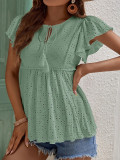 Plain Eyelet Pattern Ruffles Sleeves Front Tie Babydoll Top