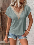 V Neck Lace Edge Eyelet Pattern Top