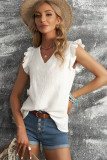 Plain V Neck Texture Ruffle Sleeves Top