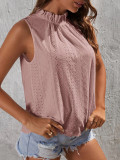 Eyelet Pattern Frill Collar Sleeves Tank Top