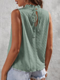 Eyelet Pattern Frill Collar Sleeves Tank Top