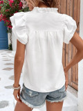 Plain V Neck Texture Checked Ruffles Top