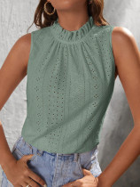 Eyelet Pattern Frill Collar Sleeves Tank Top