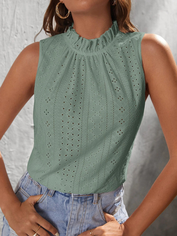 Eyelet Pattern Frill Collar Sleeves Tank Top