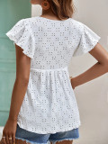 Plain Eyelet Pattern Ruffles Sleeves Front Tie Babydoll Top