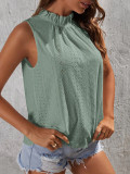 Eyelet Pattern Frill Collar Sleeves Tank Top