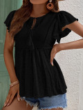 Plain Eyelet Pattern Ruffles Sleeves Front Tie Babydoll Top