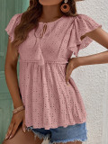 Plain Eyelet Pattern Ruffles Sleeves Front Tie Babydoll Top