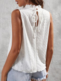 Eyelet Pattern Frill Collar Sleeves Tank Top