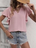 Plain V Neck Ruffles Sleeves Top