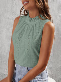 Eyelet Pattern Frill Collar Sleeves Tank Top