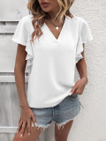 Plain V Neck Ruffles Sleeves Top