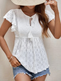 Plain Eyelet Pattern Ruffles Sleeves Front Tie Babydoll Top