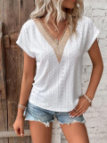 V Neck Lace Edge Eyelet Pattern Top