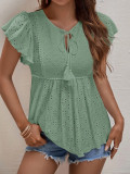 Plain Eyelet Pattern Ruffles Sleeves Front Tie Babydoll Top