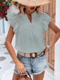 Plain V Neck Texture Checked Ruffles Top