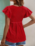 Plain Eyelet Pattern Ruffles Sleeves Front Tie Babydoll Top