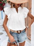 Plain V Neck Texture Checked Ruffles Top