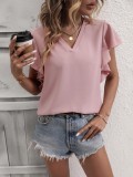 Plain V Neck Ruffles Sleeves Top