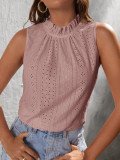 Eyelet Pattern Frill Collar Sleeves Tank Top