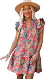 Multicolor Gorgeous Floral Print Tie V Neck Ruffle Dress