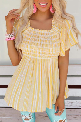 Yellow Striped Print Smocked Flowy Blouse