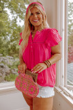 Rose Crochet Split V Neck Ruffle Sleeve Plus Size Blouse