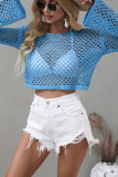 Plain Hollow Out Knit Flare Sleeves Kimono