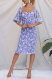 Square Neck Puff Sleeves Floral Slim Dress