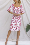 Square Neck Puff Sleeves Floral Slim Dress