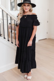 Black Plus Size Smocked Off Shoulder Frill Tiered Maxi Dress