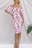 Square Neck Puff Sleeves Floral Slim Dress