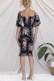 Square Neck Puff Sleeves Floral Slim Dress